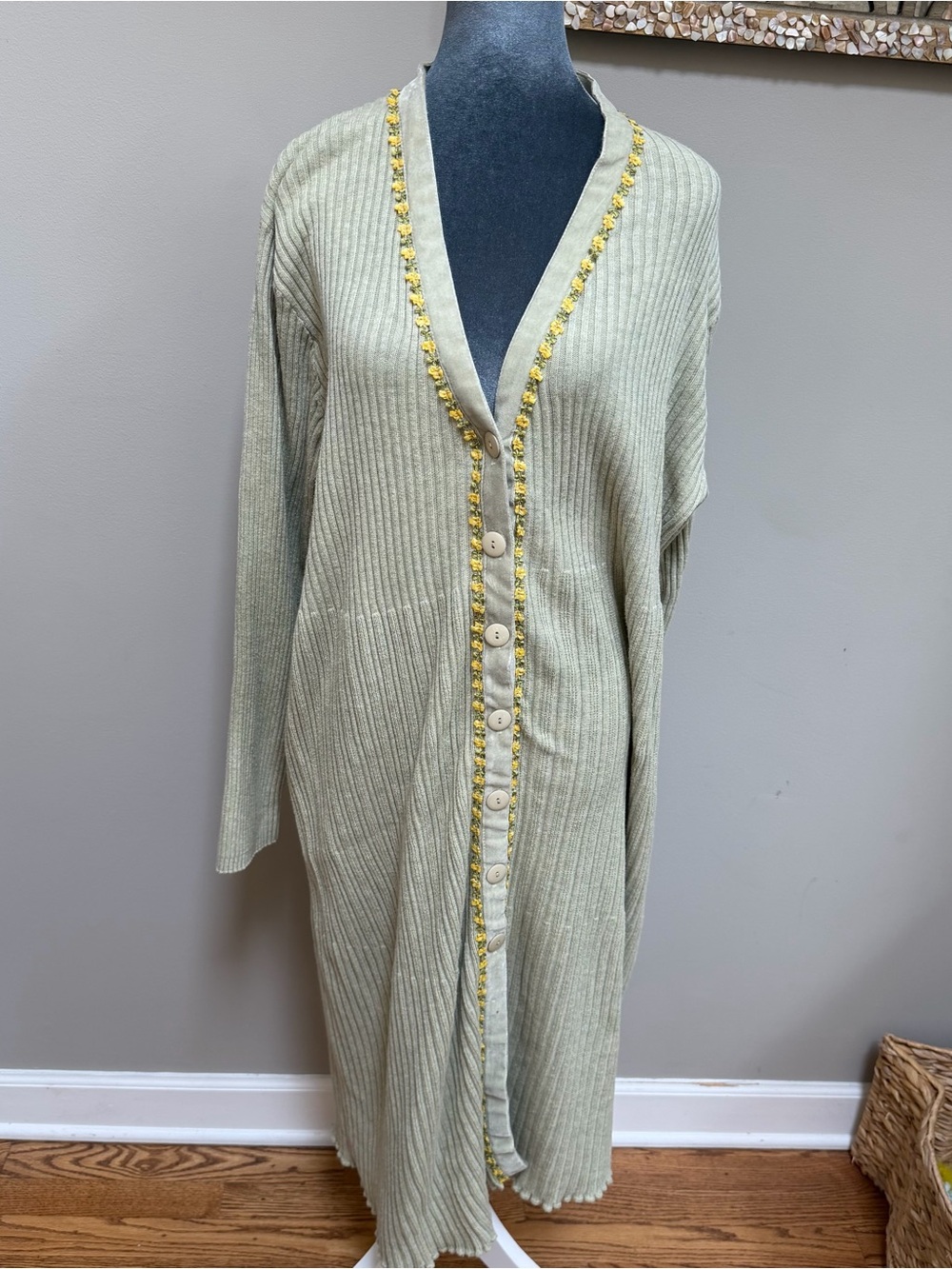 Vintage April too! Cornell long sweater coat duster velvet floral trim green